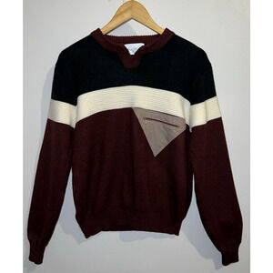 Vtg Repage Men’s Pullover Sweater Burgundy Black Colorblock Zip Pocket Sz S